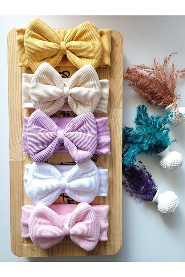 SeherBebeButik Kız Çocuk & Bebek Kaşkorse Fiyonklu Bandana 5'li Set