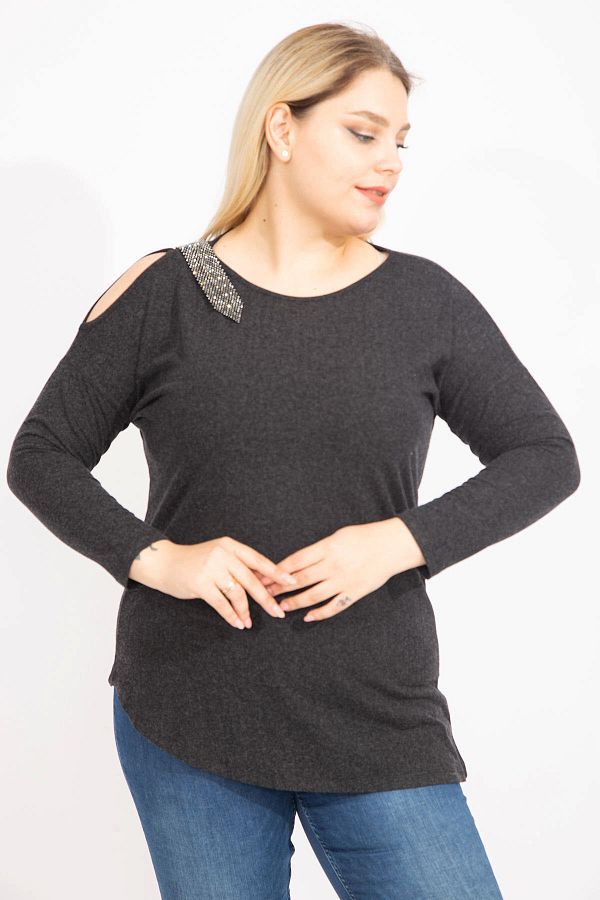 Şans-Women's Large Size Anthracite One-Shoulder Low-cut Stone Detailed Blouse 65n35426 1