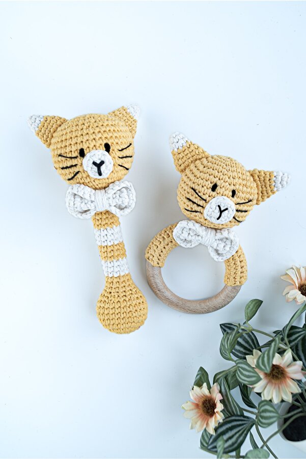 flamintoy Kedicik Dişlik Diş Kaşıyıcı Vik Vik Çıngırak Bebek Seti Amigurumi Örgü Oyuncak Yenidoğan Hediye