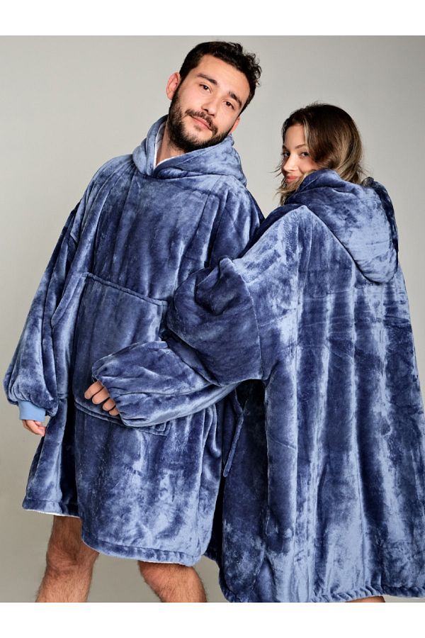 SEAMOUNT Unisex Blue Plush Single Hooded Wearable TV Blanket with Hood and Pockets Coat Trendyol