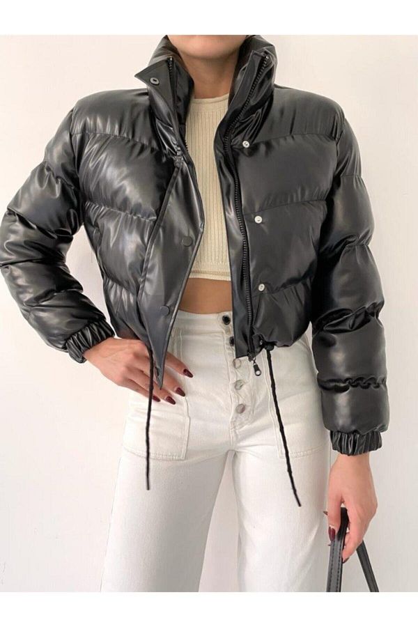 Cropped leather puffer jacket discount