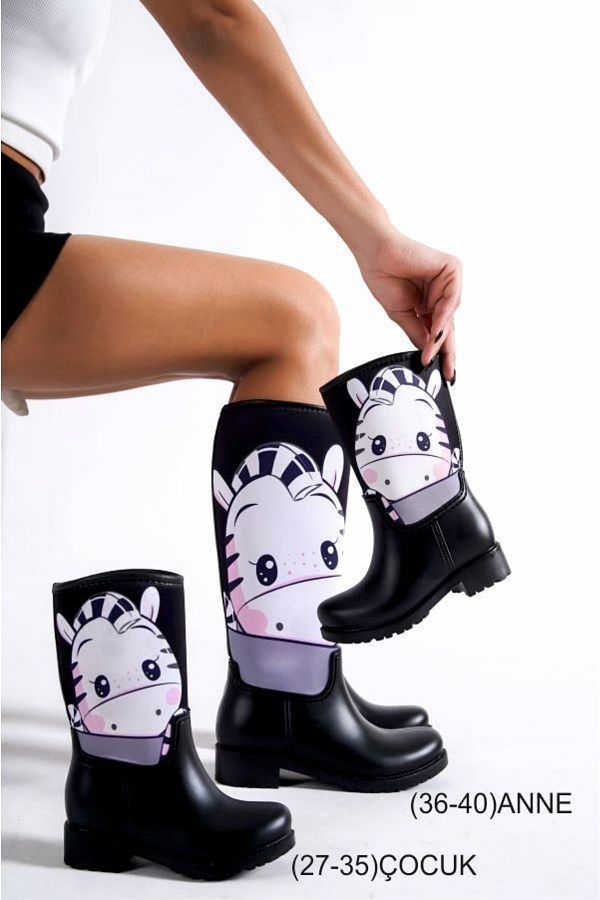Sea Blue Mother Daughter Combination Zebra Printed Plush Waterproof Rain Boots Trendyol