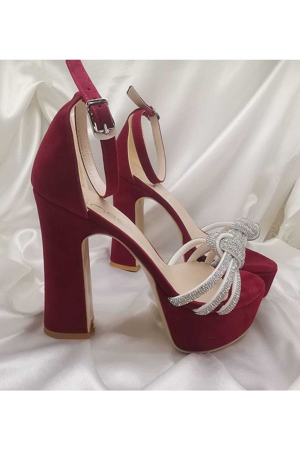 L NEER Women s Burgundy Color Suede Stoned Comfort Guaranteed 13 Cm High Platform Heeled Evening Dress Shoes Trendyol