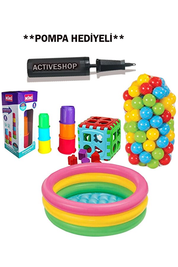 ACTIVESHOP Eğitici Bebek Oyuncakları Seti Şişme Havuz 86cm - Top - Bultak - Mini Kule Ve **hediye Pompa!