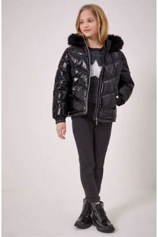 Lipsy Water Resistant Faux Fur Hooded Puffy Padded Shiny Black Coat Trendyol