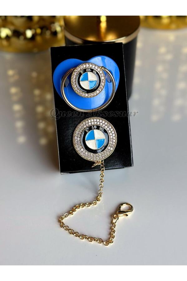 QUEEN AKSESUAR Ithal Lüks Marka Bmw Logo Mavi Erkek Kız Bebek Kristal Taşlı Emzik Zincirli Askı Seti
