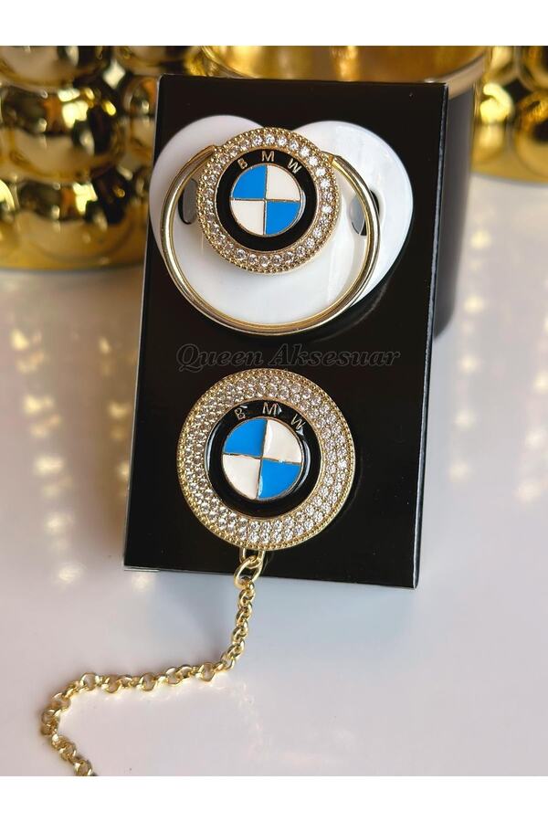 QUEEN AKSESUAR Ithal Lüks Marka Bmw Logo Beyaz Erkek Kız Bebek Kristal Taşlı Emzik Zincirli Askı Hediye Set
