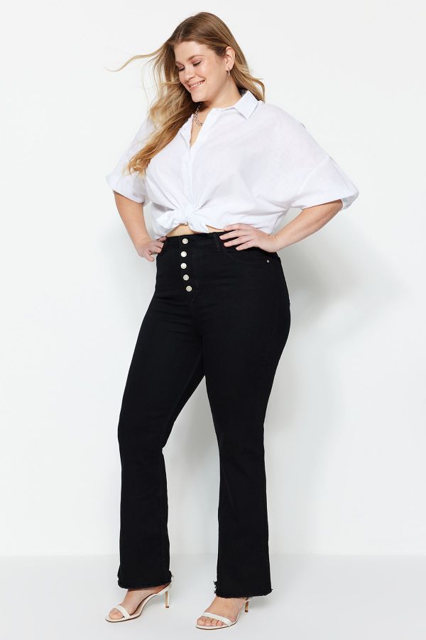 Trendyol Curve Black High Waist Buttoned and Tassel Detailed