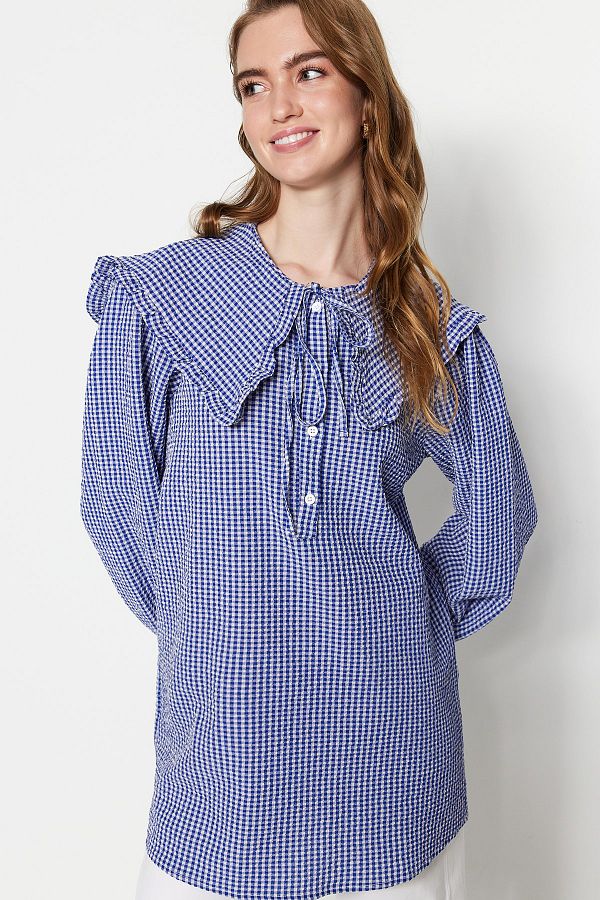 Trendyol Modest-Kék baba nyakörv Gingham mintás szőtt tunika TCTSS23UK00065 1