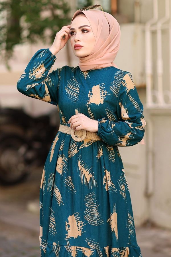 InStyle Brush Pattern Belted Hijab Dress - Indigo - Trendyol