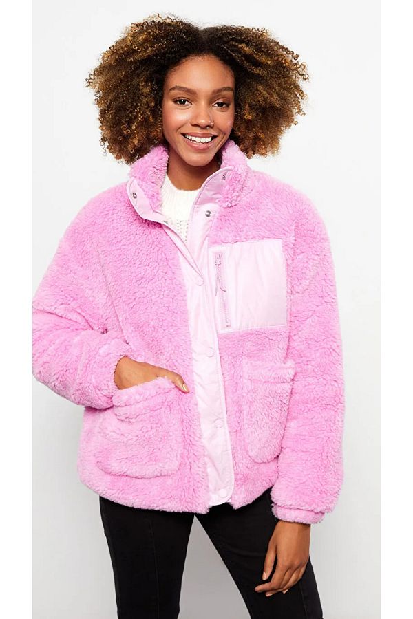 LC Waikiki Lcw Casual Stand Collar Plain Long Sleeve Women s Plush Coat Trendyol