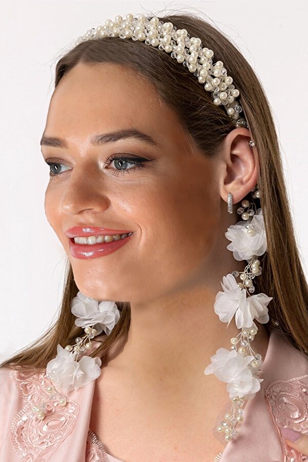 lohusahamile Özel Tasarım Sarkan Küpeli Beyaz Incili Lohusa Tacı