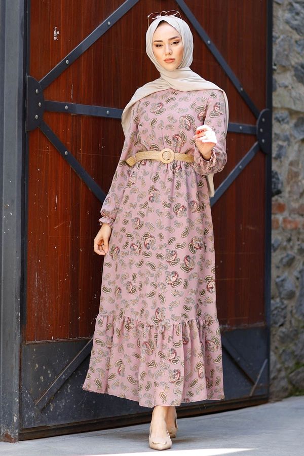 InStyle Shawl Pattern Straw Belt Chiffon Hijab Dress Dusty Rose Trendyol
