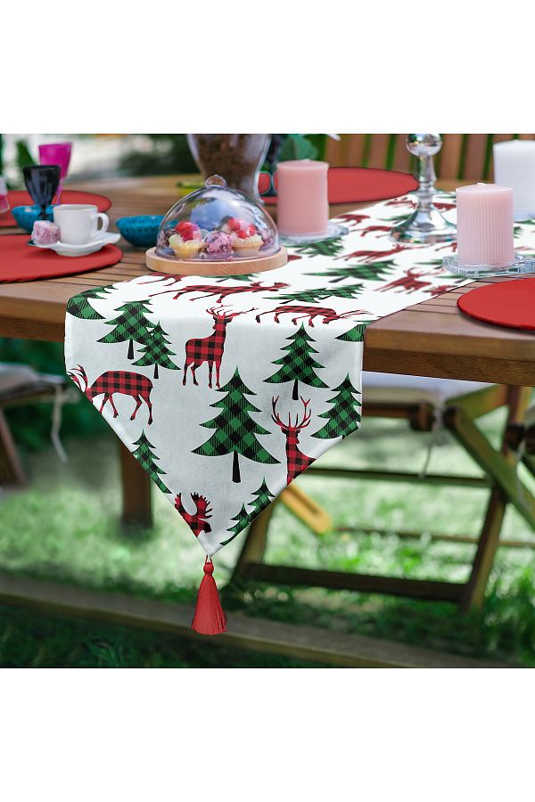 Sister Home Design-Pine Tree Plaid Deer Motif Triangle Tasseled Ranir - Runner 1