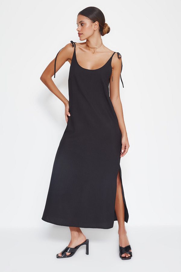 Trendyol Collection-Rochie neagră cu tăietură dreaptă, cu bretele, țesută midi TWOSS23EL00413 1