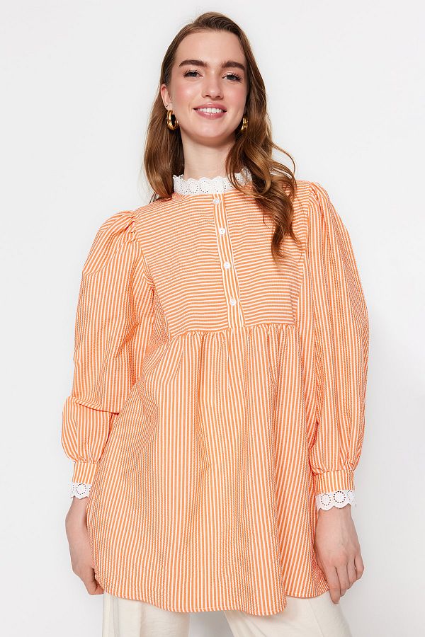 Trendyol Modest-Orange Lace Woven Seersucker Plaid Tunic TCTSS23UK00067 1