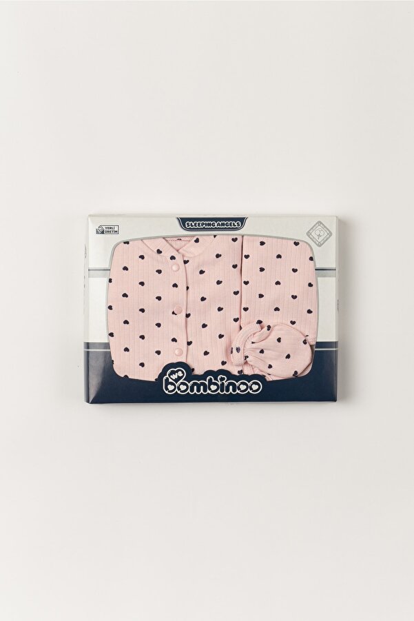 webombinoo 5 Parca Hastane Çıkışı Zıbın Set Yeni Doğan Fitilli Pembe Kumaşa Laci Kalpli