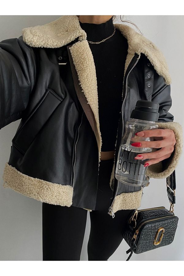 Ekim Store-Jachetă scurtă biker cu căptușeală din blană 1