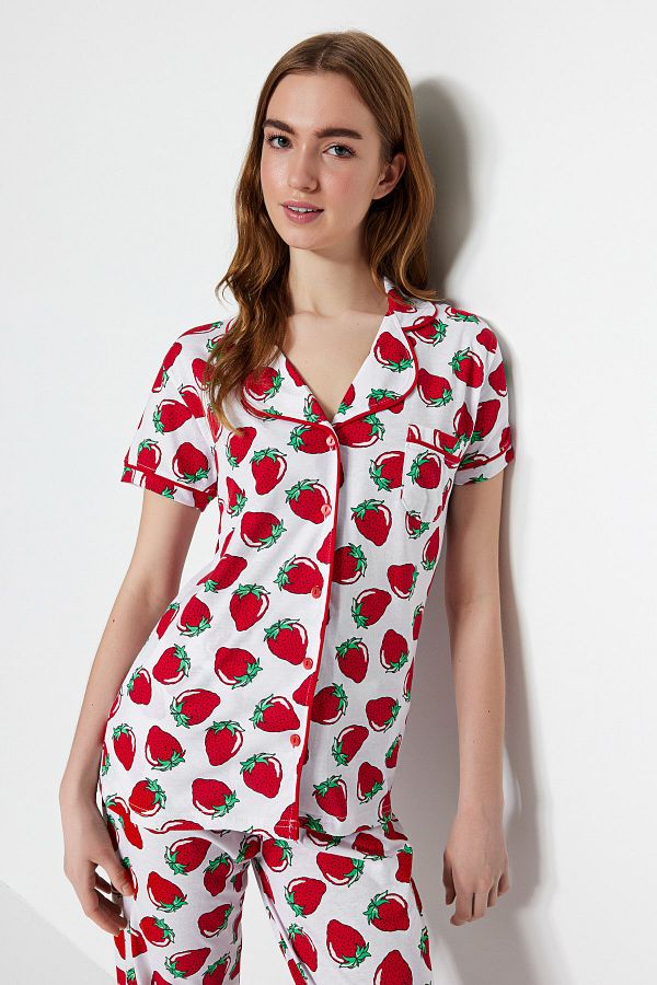 Trendyol Collection-Strawberry Patterned White Knitted Pajamas Set and Sleeping Headband - Thmss21pt0784 1