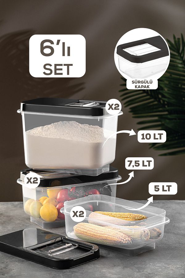 Meleni Home-6-Piece Pulses Storage Container - Food Storage Container with Sliding Lid Flour Container 2x(5 LT-7,5 LT-10 LT) 1