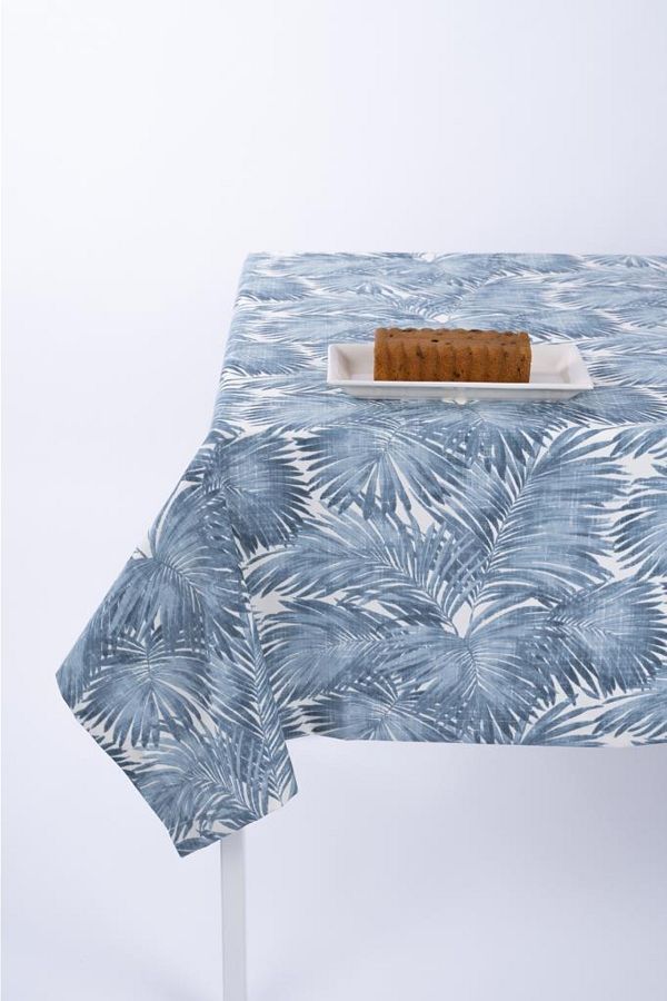 ALTINPAMUK-Luxury Linen Fabric Tablecloth with Stain Resistant Option and Palm Blue 1