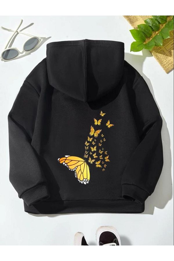 MODERN ZE Black Yellow Butterfly Printed Hoodie Trendyol