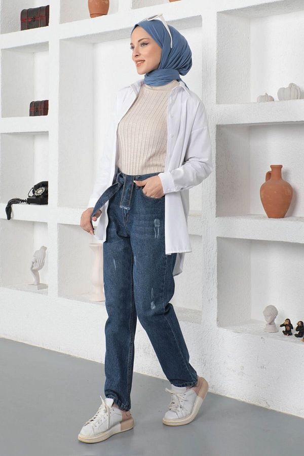 Modamihram-Belted Boyfriend Jeans Kalhoty modré 6007 1