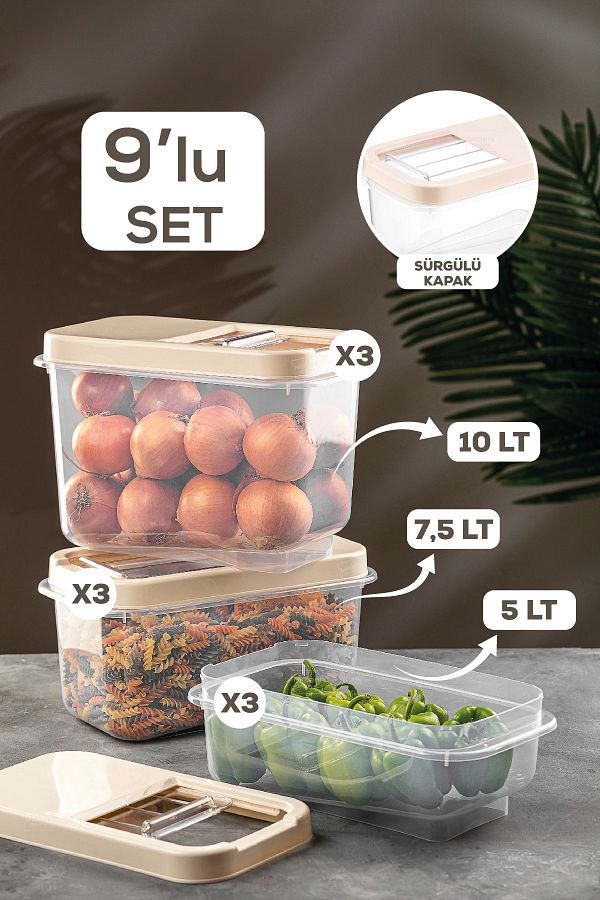 Meleni Home-Set of 9 Pulses Storage Container - Food Storage Container with Sliding Lid Flour Container Cream 3x(5 Lt-7,5 Lt-10 Lt) 1