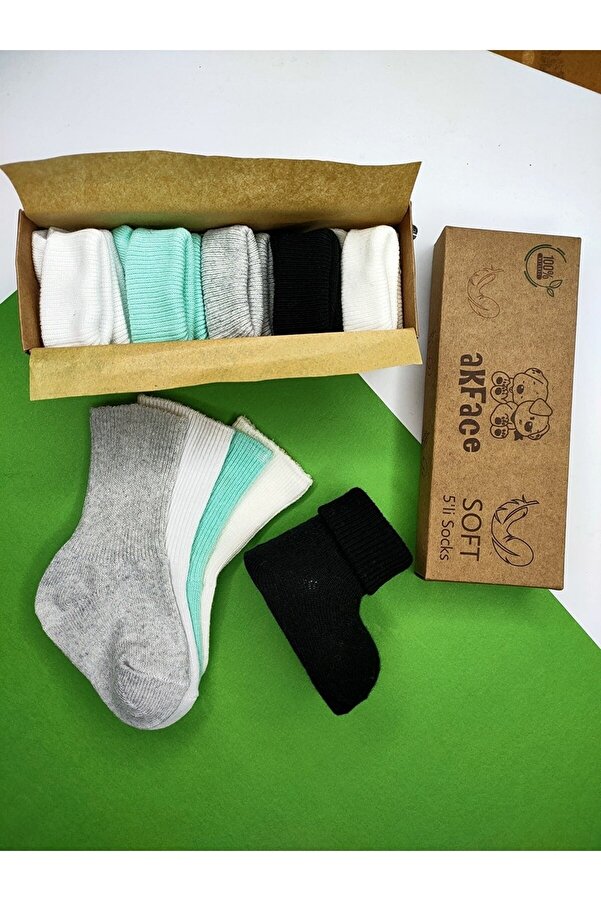 Akface Soft - 5'li Kutulu Renkli Organik Unisex Bebek Çorabı 0-24 Ay