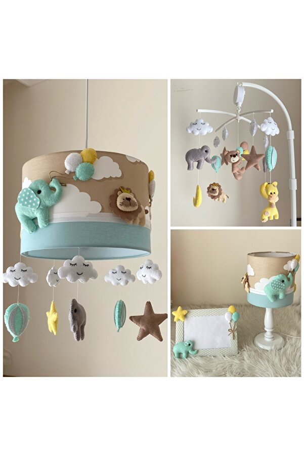 atölye ay ışığı Erkek Veya Kız Bebek Çocuk Odası Kahverengi Mint Hayvanlı Özel Tasarım Avize Abajur Çerçeve Dönence