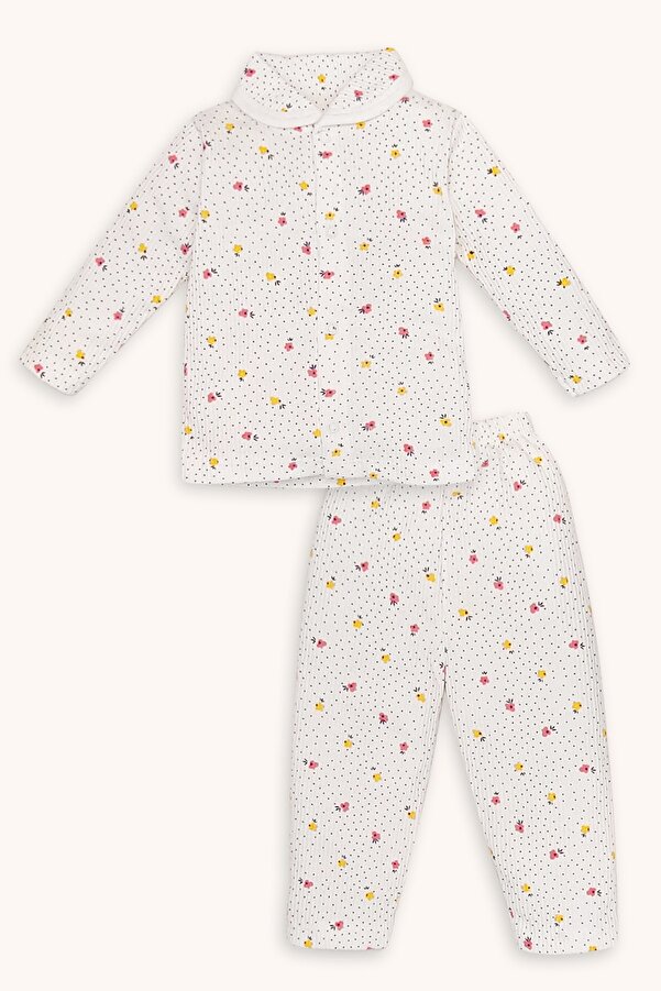 bebizu Çiçekli Puantiyeli Bebe Yaka Çıtçıtlı Pijama Takımı