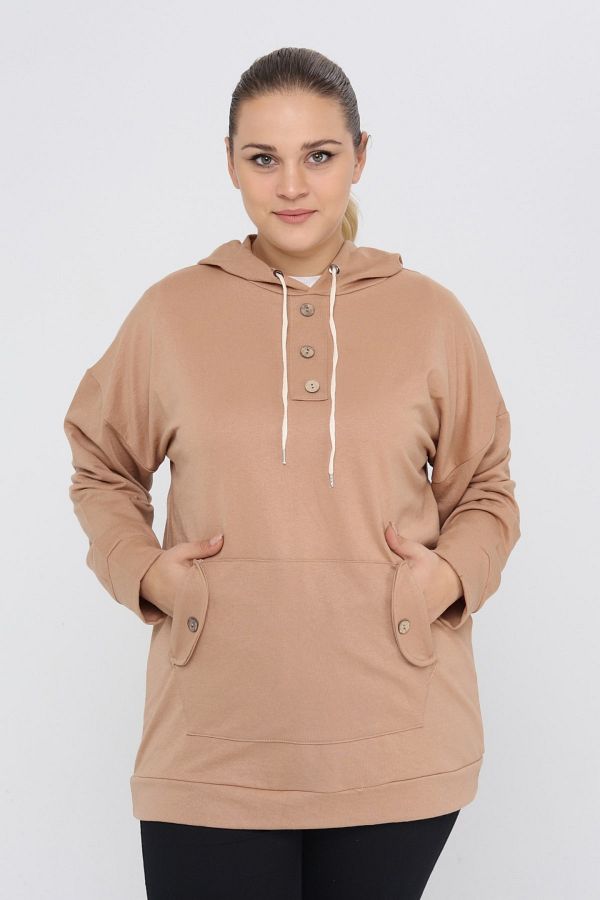 tarz msuper Women s Plus Size Hooded Kangaroo Pocket Lycra Button Detailed Long Hoodie Sweatshirt Beige Trendyol