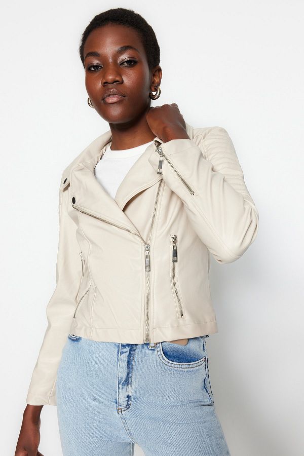 Trendyol Collection Beige Fitted Faux Leather Biker Jacket Coat TWOAW23MO00374 Trendyol