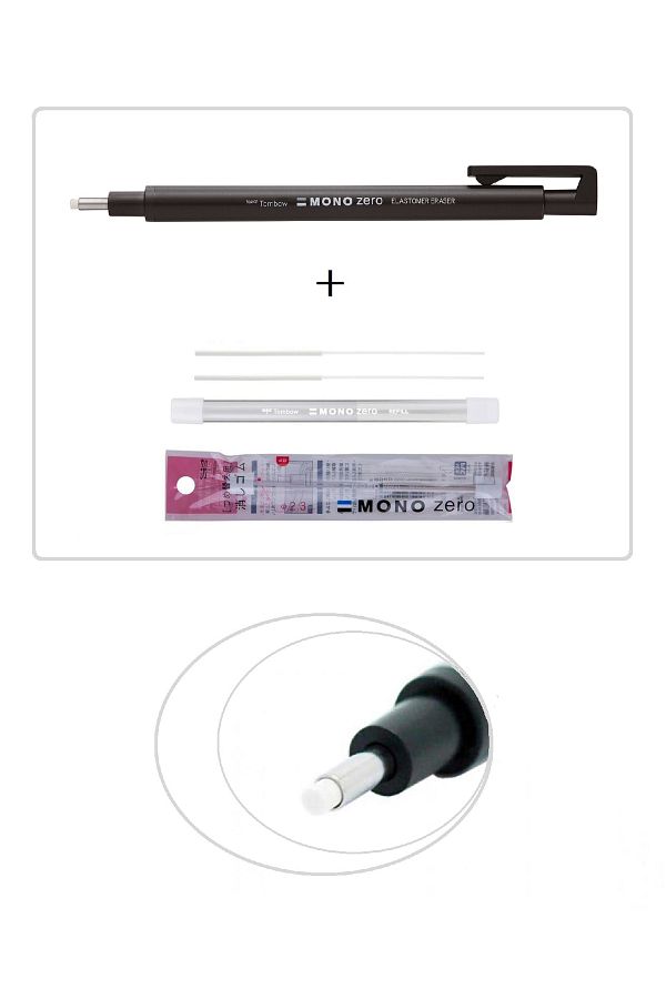 Tombow-Mono Zero 2.3 Black Pencil Eraser and Set of 2 Refills 1