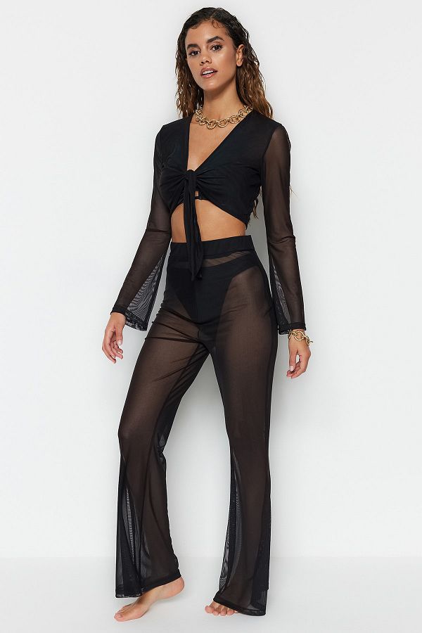 Trendyol Collection-See-Through Black Knitted Beach Suit - Tie-Up Blouse and Pants Tbess22Au0014 1