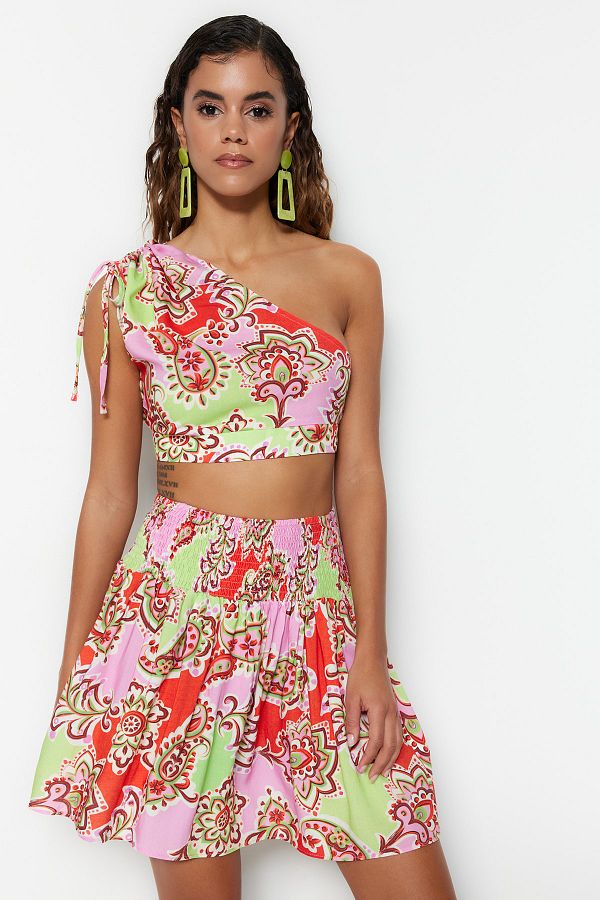 Trendyol Collection-One Shoulder Shawl Print Woven Blouse and Beach Skirt Set - Tbess23Au00056 1