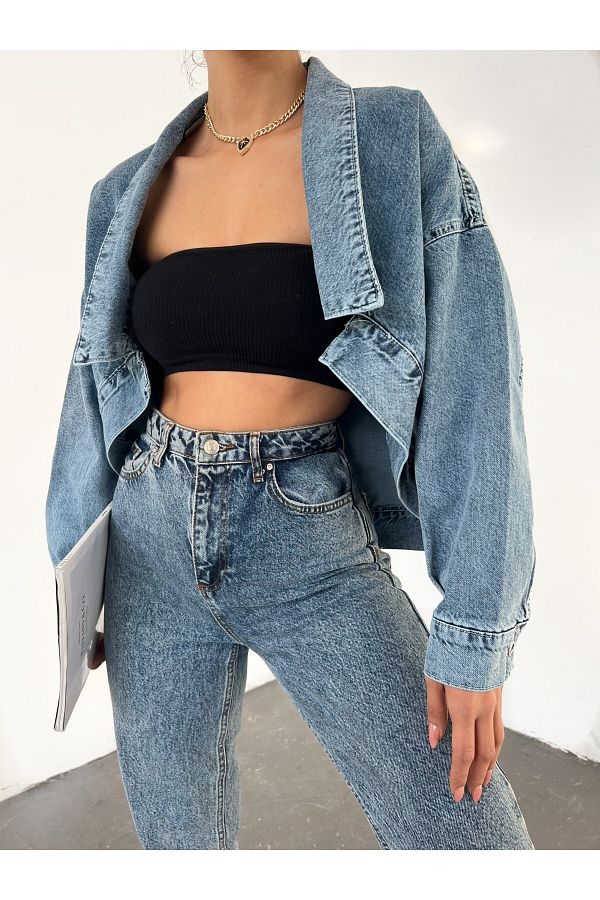 Fav Style Women s Long Sleeve Oversize Bolero Jeans Jacket Blue Trendyol