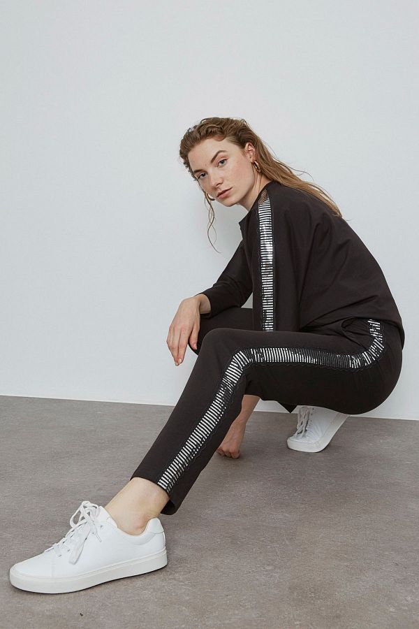 VERDA Women s Black Silver Stripe Detailed Trousers Trendyol