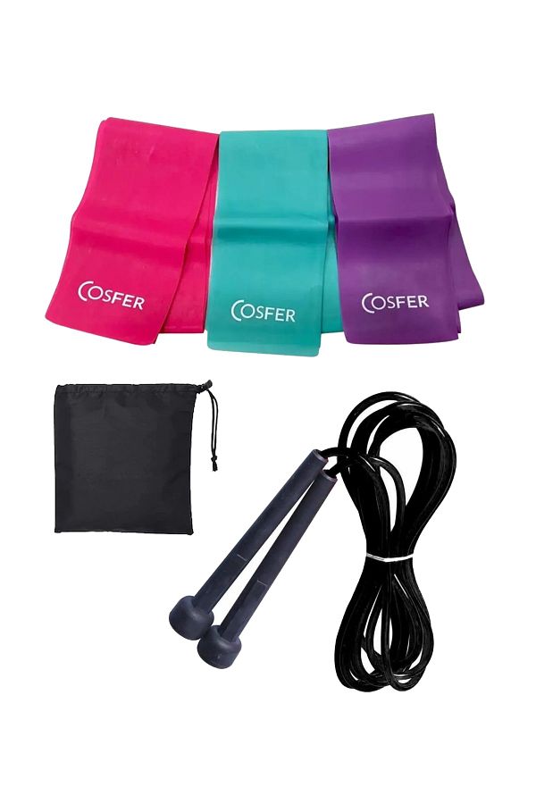 Jet-Set of 3 Light Medium Hard Pilates Elastic Bands and Jump Rope Plates with Bag in 3 Different Resistances 1