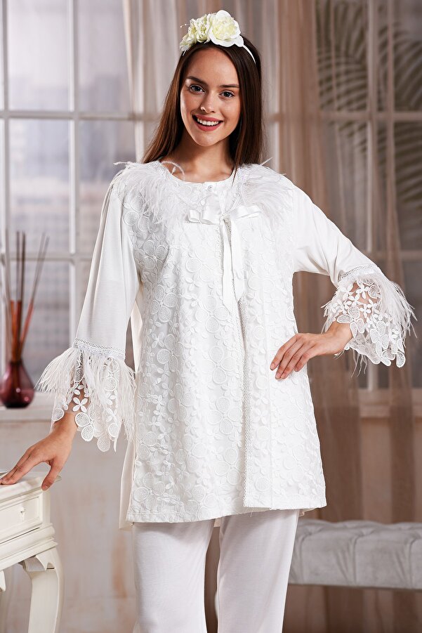 Emose Tüylü Sabahlıklı Hamile Pijama Takım