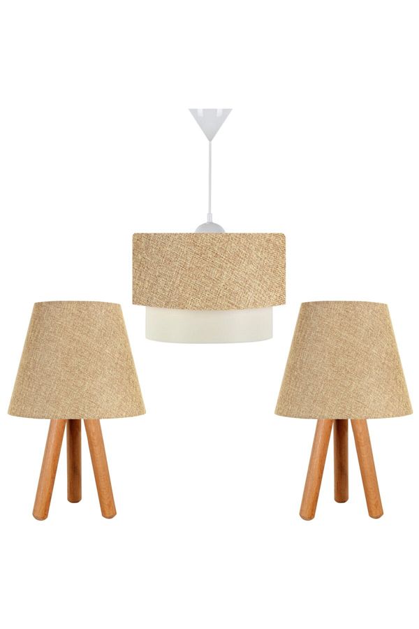 EvLight-Set of 3 Chandelier and Nightstand Wooden Lampshade Kumbeige 1