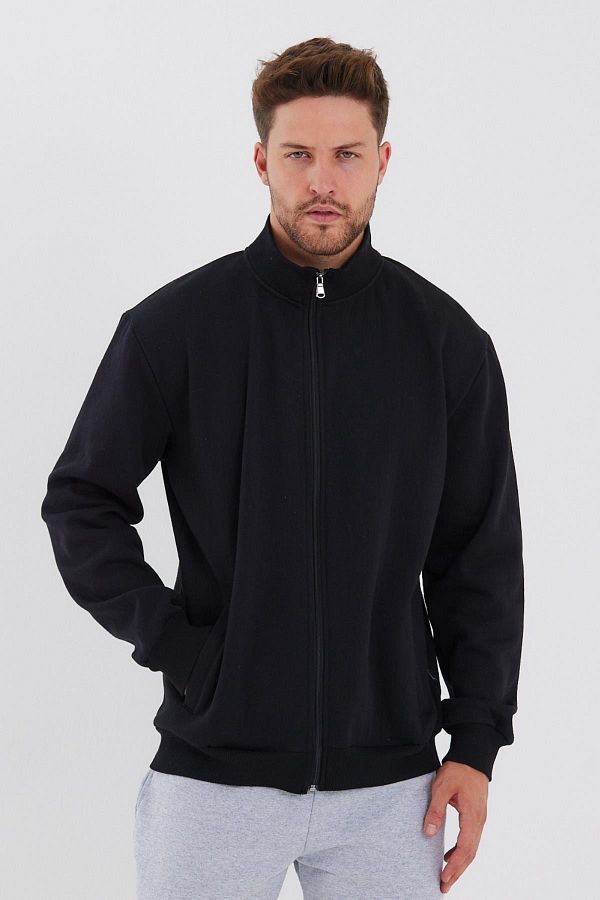 mmetalic Cotton Zippered Men s Black Cardigan with Stand Collar and Side Pockets Trendyol