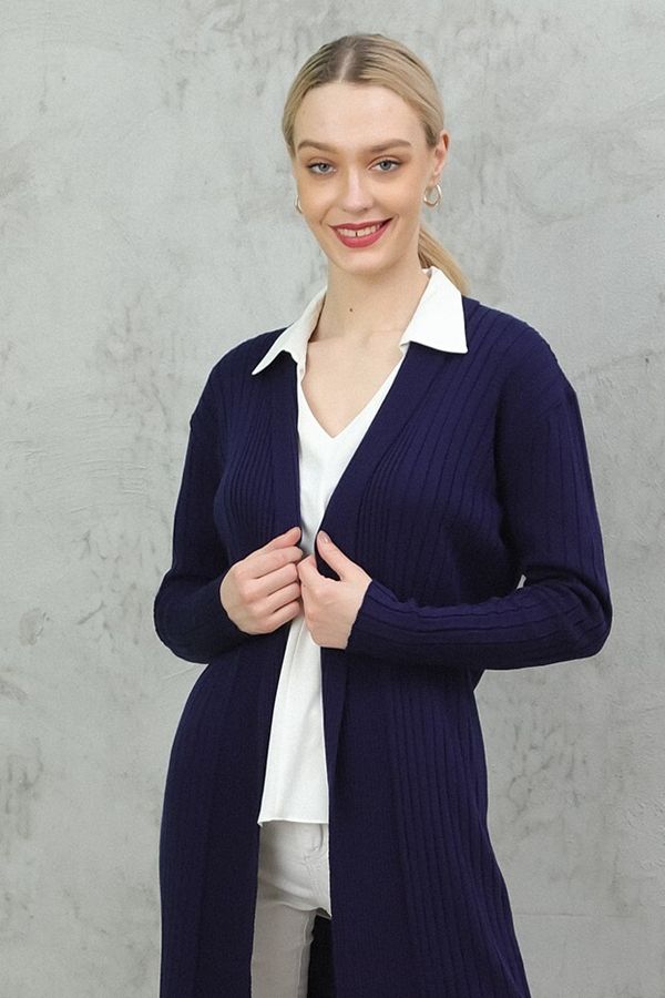 VEGENZE Women s Navy Blue Long Collar Ribbed Thin Plain Knitwear Cardigan Trendyol