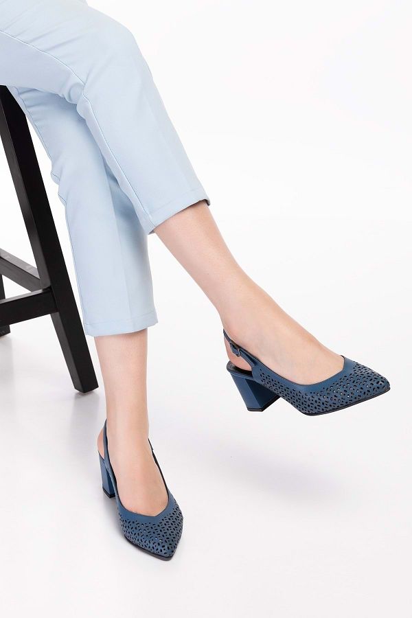 Gondol Genuine Leather Laser Cut Stylish Heeled Shoes hn.876 Blue 38 Trendyol