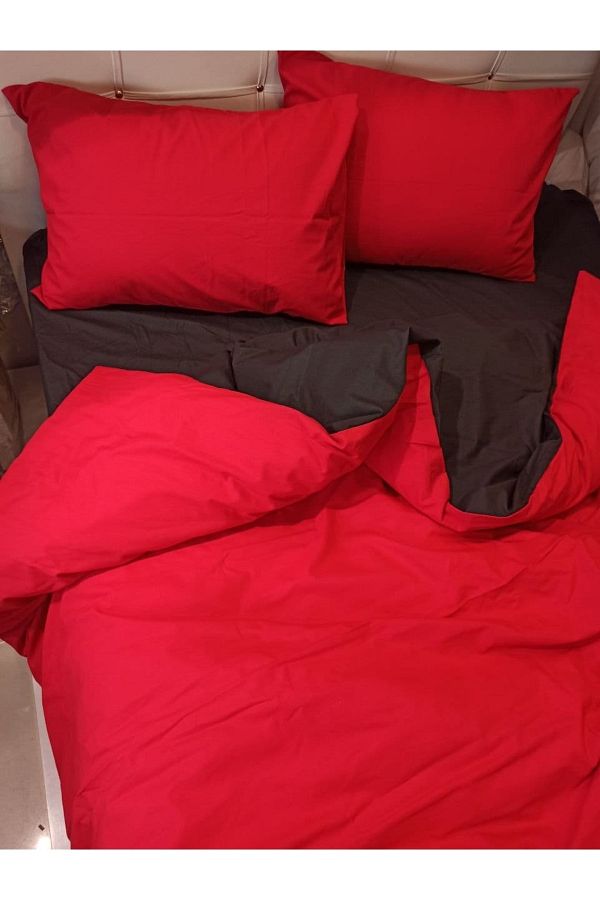 ŞENER HOME-Double Color Single Duvet Cover Set with Double Sided Usable Sheet Elastic - Black, Red 1