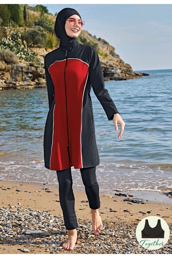 Ruko Maio Rukomayo Red black Robe Stretchy Parachute Fabric Full Hijab Swimsuit Trendyol