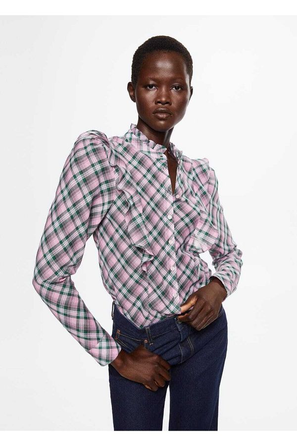 MANGO Woman-Flounce Check Blouse 1