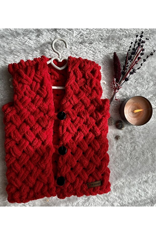 Alize Puffy fine Kırmızı El Örgüsü Bebek Yeleği 0-2 Yaş