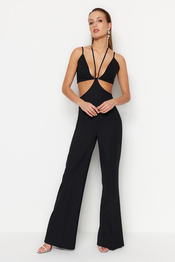 Trendyol Collection-Schwarzer gefütterter Jumpsuit mit gewebtem Fenster/Ausschnitt und Paspelierung TPRSS23TU00030 1