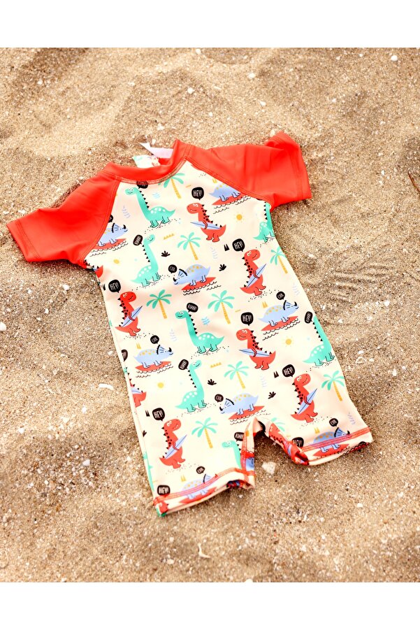 İYİBU Bebek Yüzücü Tulum Mayo Kısa Kollu Su Itici Esnek Dinazor Desenli Dar Kalıp Plaj Ve Havuz Bebek Mayo